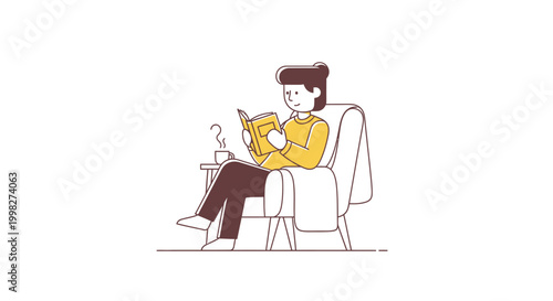 Person sitting on chair reading book.