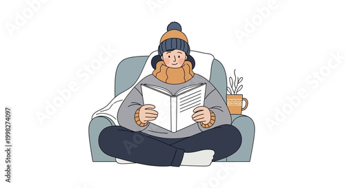 Woman Reading Book on Sofa Chair.