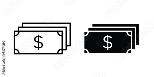 Cash icon strokes and flat black vectors. Illustrations EPS10