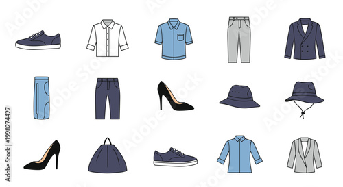 Selection of stylish men and women apparel includes shirts, trousers, jackets, hats, and shoes in a clean professional grid.