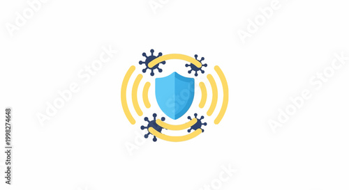 Blue shield surrounded by yellow rings and germs.