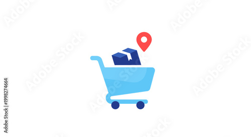 Shopping cart with location pin icon.