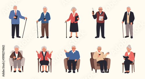 Set of elderly men and women in various poses such as standing with canes, sitting in armchairs, and holding objects for character design.