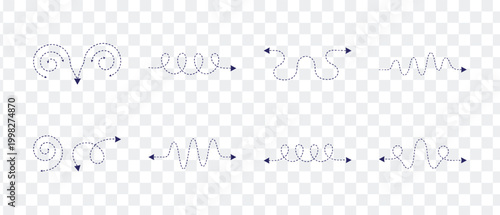 Dotted Arrows Vector Set Hand Drawn Style Pointers with Curly, Wavy, Spiral, and Zigzag Lines. Dynamic Navigation and Movement Elements