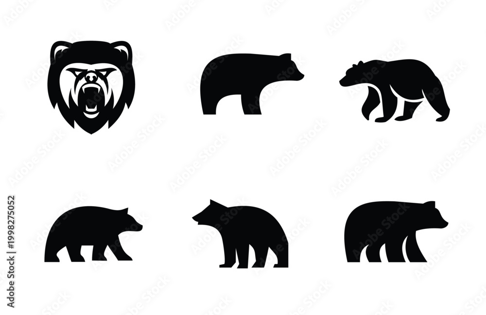 Fototapeta premium Bear Logo and Silhouette Icons Set: Roaring Grizzly Head and Walking Animal Illustrations