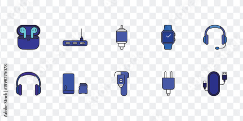 Modern Electronic Devices and Accessories Icon Set Smartwatch, Earbuds, Network Router, USB Cables, Headphones and Storage Tech