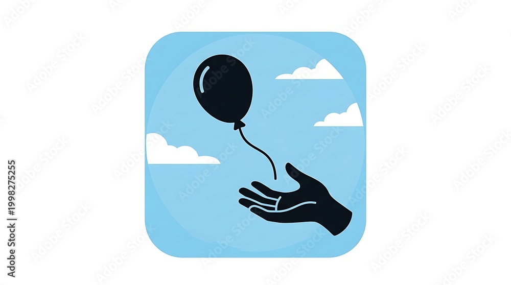 Fototapeta premium Hand releasing a black balloon into a blue sky with white clouds