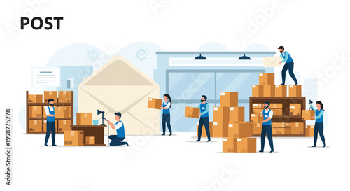 Busy post office scene showing mail workers sorting large envelopes and packages in a warehouse with shelves and stacked cardboard boxes.