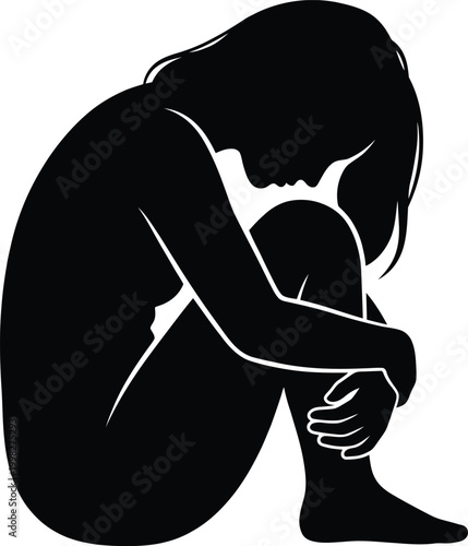 Sad Woman Sitting in Fetal Position Silhouette Illustration