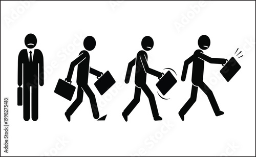 Stick figure illustration depicting the evolution of a businessman through stages of burnout and stress