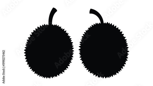 Two durian fruits displayed in stark black silhouette
