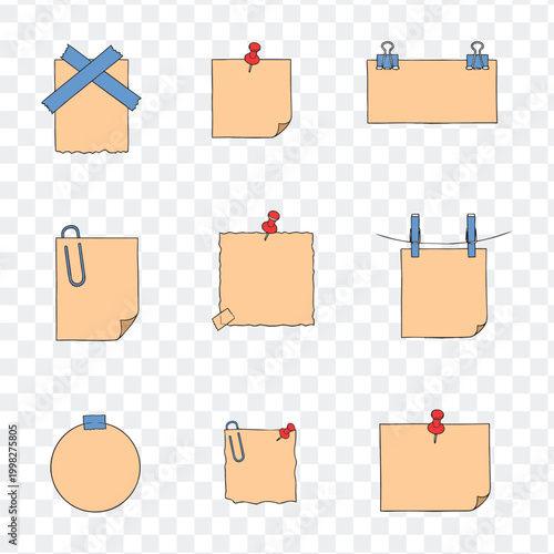 Versatile Hand-Drawn Sticky Notes and Memo Pads Vector Set with Pins and Clips