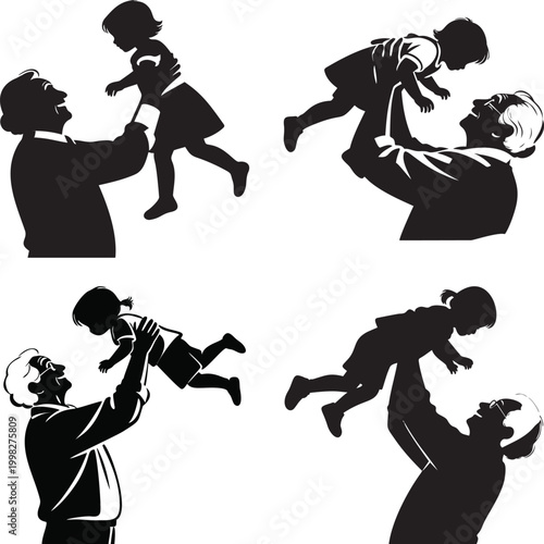 Grandfather Lifting Granddaughter Silhouette Collection Representing Family Love and Bonding Between Generations
