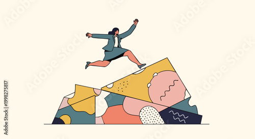 Empowered female executive navigating complex organizational challenges and leaping toward scalable growth and innovative business solutions