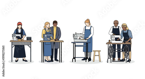 Professional tailors using sewing machines, diverse dressmakers working in a garment factory, flat vector illustration of seamstresses in a textile workshop