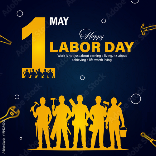 Happy Labor Day Workers Silhouette Modern Design, May 1 International Workers Day Creative Poster, Labor Day Celebration Banner With Construction Workers, Professional Workforce Labor Day Blue Yellow 