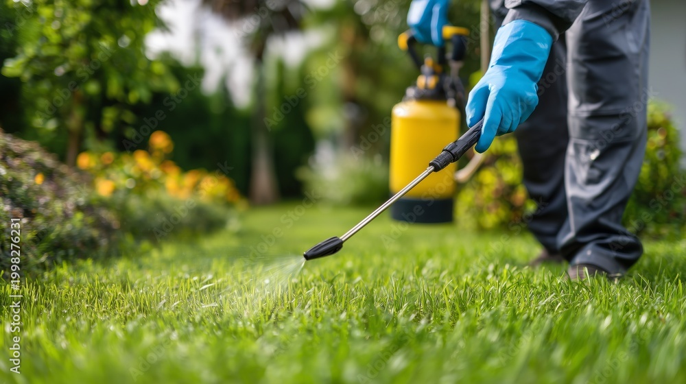 Fototapeta premium Professional applies pesticide to lawn in garden during daytime for pest control and plant health maintenance