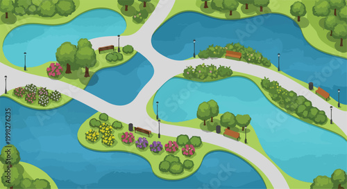 Aerial view city park vector illustration, public garden landscape with blue ponds and walking paths, green urban recreation area with trees