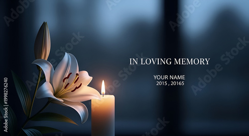 In Loving Memory: White Lily and Candle with Faded Dark Blue Background Sadness