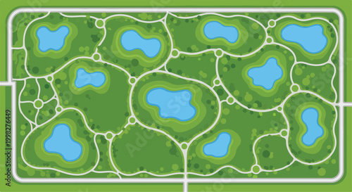 Aerial view city park map vector, green urban garden landscape with blue ponds and walking paths, public recreation area master plan illustration