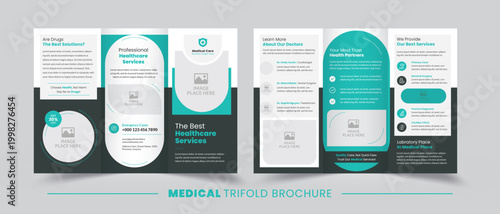 Medical healthcare trifold brochure template featuring teal and dark grey geometric accents for clinic and hospital promotion.