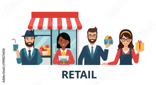 Retail shopping flat vector illustration, diverse customers and shop owners at storefront, small business commerce and consumerism concept