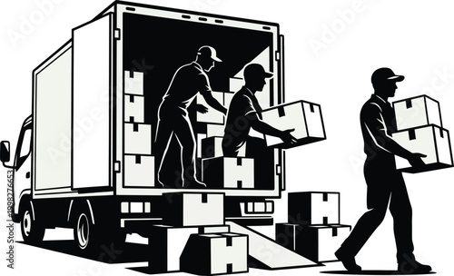 Black and White Vector of Workers Loading Cargo Into a Van