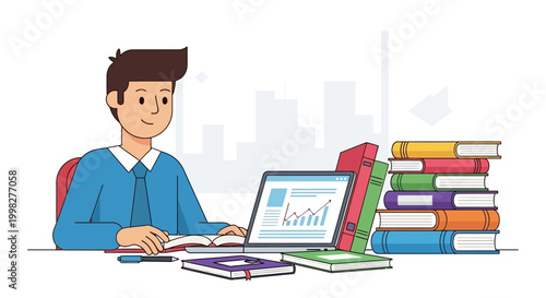 Young man working on laptop computer.