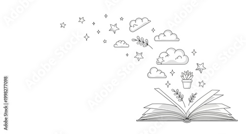 Open Book with Clouds and Stars.
