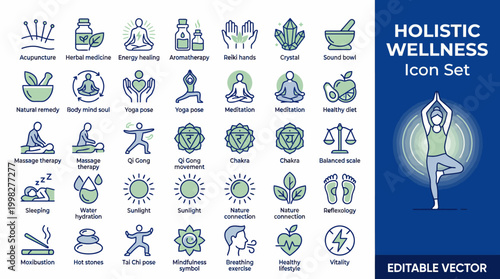 Mega Pack Icon Set Vector Holistic wellness and alternative therapy, natural healing and spiritual health flat line illustrations