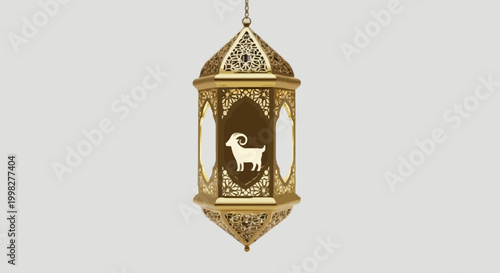 Golden Islamic Lantern with Ram Silhouette, Symbolizing Eid al-Adha Celebrations and Tradition