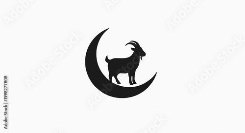 Silhouette of a goat standing inside a crescent moon icon on a plain white background, representing a mystical or celestial theme