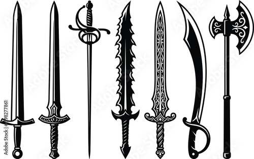 Collection of Fantasy Medieval Swords and Battle Axe
