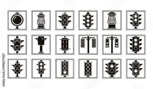 Collection of various black and white traffic light signal