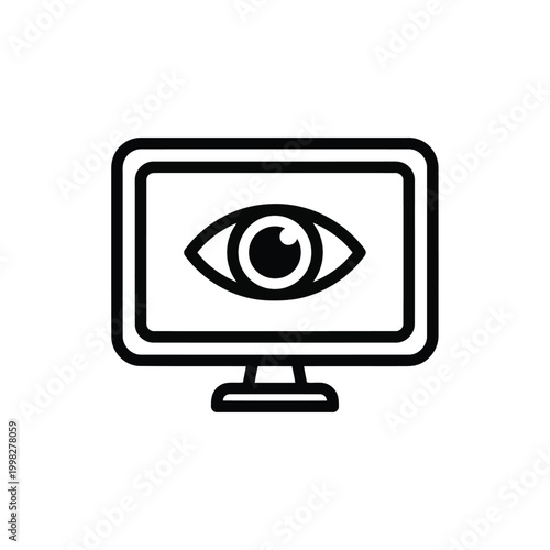 A computer monitor displaying a stylized eye icon on its screen