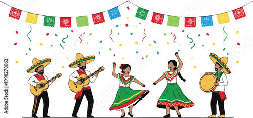 People dancing and playing music with festive decorations overhead indoors
