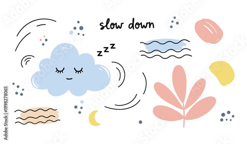 Sleeping blue cloud with closed eyes and zzz text surrounded by abstract shapes