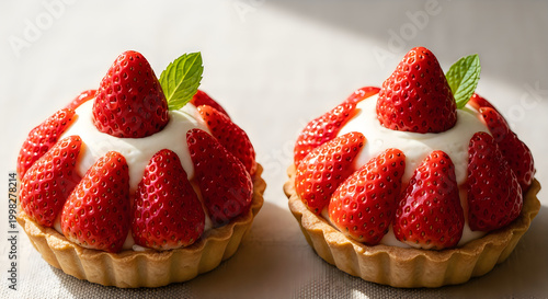 Two delicious strawberry tarts with fresh strawberries and cream on top.