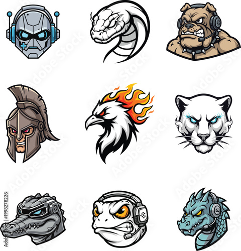 Collection of nine colorful animal and character mascot including a cyborg knight robot eagle jaguar snake crocodile dog and lizard