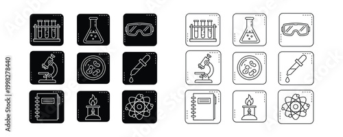 Collection of black and white science including test tubes flasks microscopes