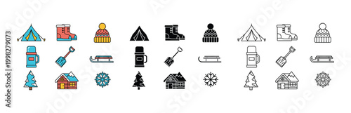 Colorful and black-and- white winter including tents snow- capped house trees snowman boots beanie hat campfire