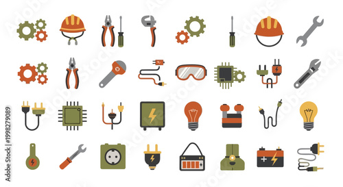 Industrial tools and equipment icons set.