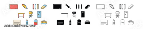 A collection of various depicting office supplies books electronics and furniture in bold black and white with color highlights