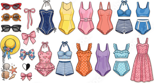 Set of Retro Style Women's Swimwear Vector Illustrations Including One-Piece Bathing Suits Bikinis Sunglasses Straw Hat and Summer Beach Accessories for Fashion Designs
