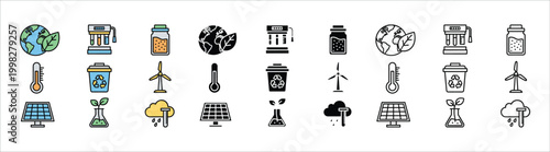 Collection of colorful representing renewable energy sources and environmental themes wind turbine solar