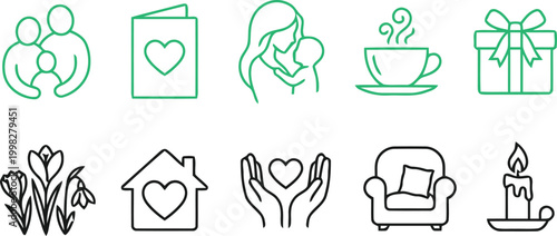 Line art icons celebrating love home and warmth silhouette style
