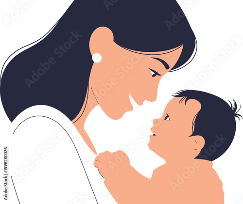 A loving mother gazes tenderly at her newborn baby, embodying pure maternal affection and the beautiful bond of family