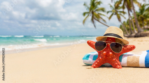 Starfish wearing sunglasses and hat on a tropical beach. Text space