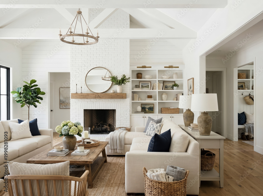 Fototapeta premium A white modern farmhouse living room with shiplap walls and beams on the high ceilings and cozy furniture sits around a white fireplace.