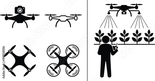 Professional Drone Technology Icon Set Featuring Agricultural Spraying, Aerial Photography, Quadcopter Top View, and Remote Pilot Operator Symbols for Smart Farming Solutions